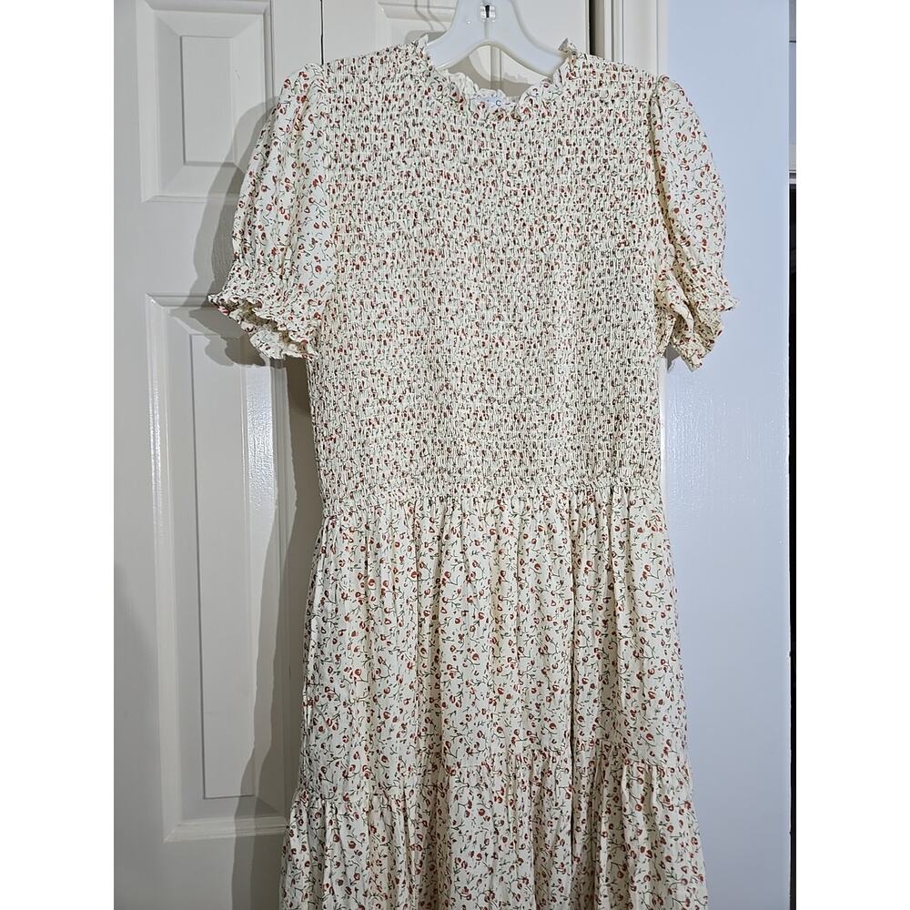 Cottagecore Peasant Maxi Dress LG Floral Smock Ruffle Tier Puff Sleeve Pockets